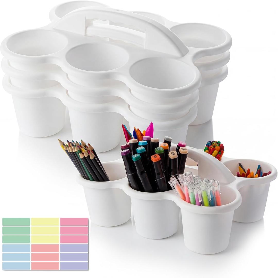 4 pack Classroom Caddy for School,Cup Caddy For Drink | 6 Cups Plastic Pencil Holder,Art Supply Caddy Organizer With Handle,White
