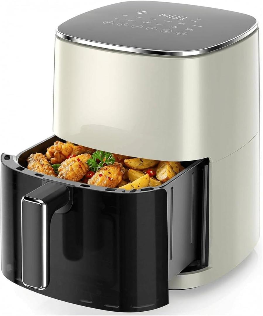 Airfryer 12-in-1,Large Air Fryer 6QT, Square Airfryers Non Toxic, Cooking, Fries, Custard, Chicken Wings, Sea Food, Vegetables', Nonstick & Easy-Clean Basket, Beige, Capacity 6.34 quarts