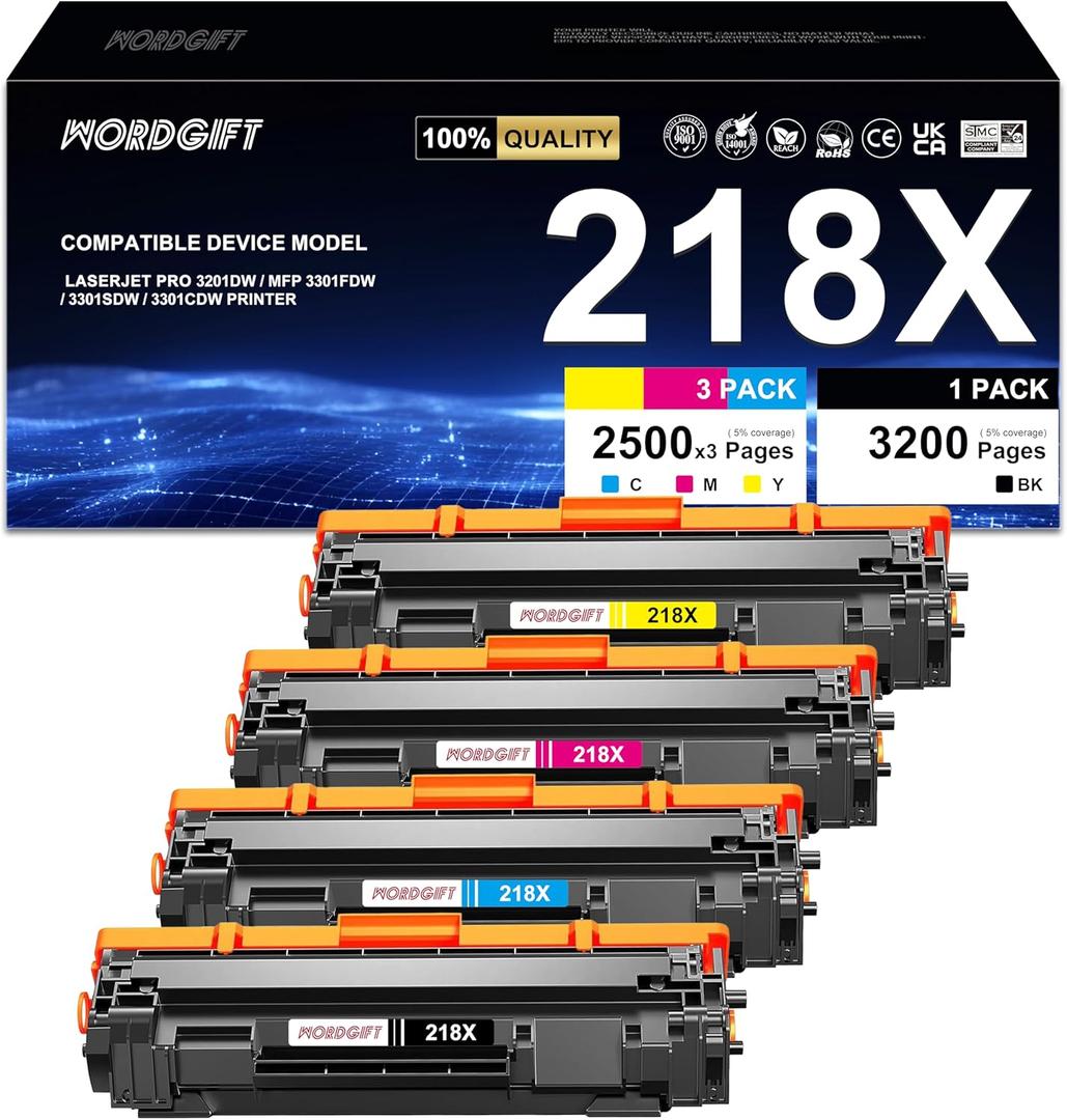218X Toner Cartridge 4-Pack High-Yield Replacement for HP 218X 218A W2180X W2181X W2182X W2183X Compatible with HP Color LaserJet Pro 3201dw MFP 3301cdw 3301fdw 3301sdw Printers (No Chip)