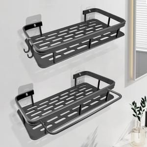 Rustproof Aluminum Shower Caddy with Adhesive Shelves & Hooks - 2-Pack, No Drill Wall Mount, Premium Organizer for Bathroom, Kitchen, Garage - Black