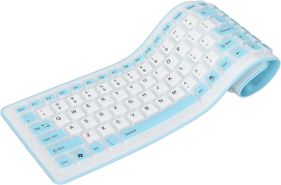 Sanpyl USB Wired Foldable Silicone Keyboard, 103 Keys, Blue, Mute, PC Laptop