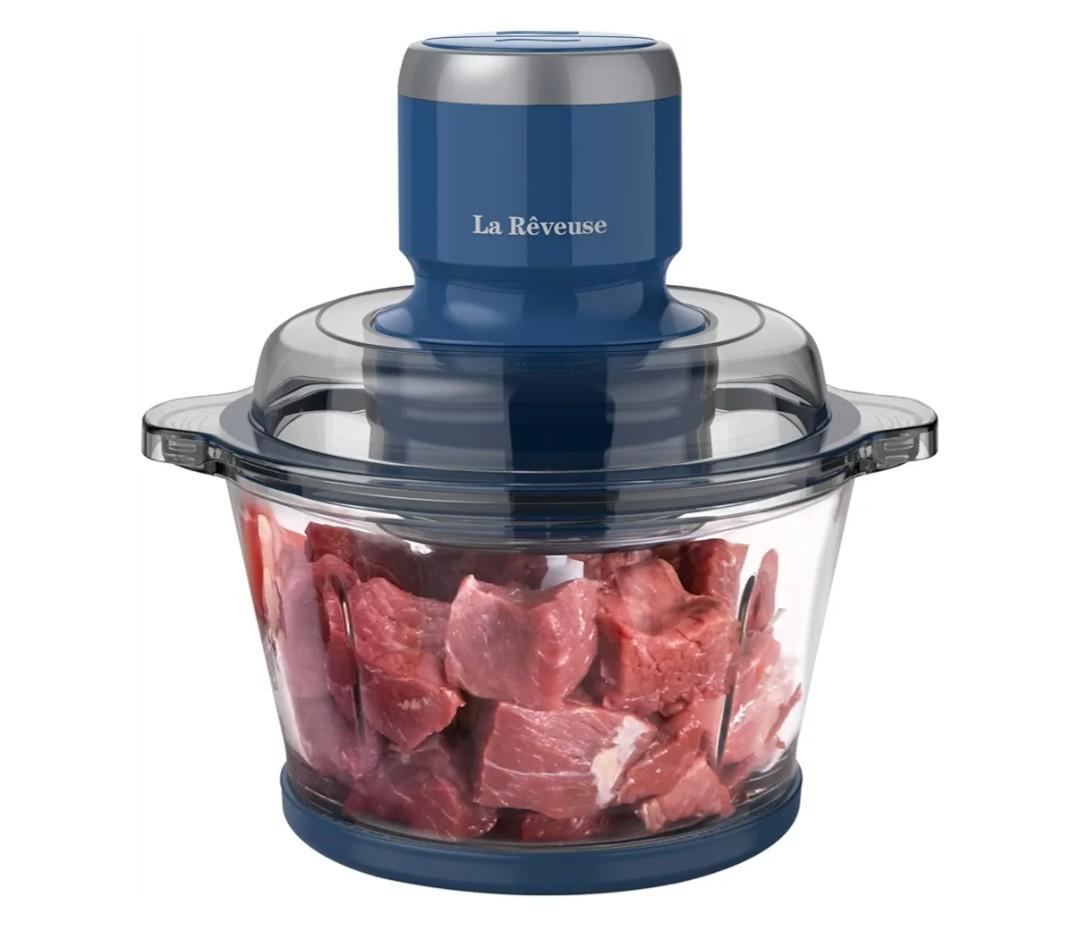 La Reveuse Food Processor,Electric Food Chopper with 7-Cup (1.7L) Glass Bowl, 4 Bi-Level Blades for Chopping,Grinding,Mincing,Whisking,Meal Prep,300W,Blue