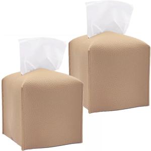 HOMOTEK 2 Pack Tissue Box Cover, Square PU Leather Tissue Holder, Decorative Facial Tissue Cube Paper Organizer Dispenser for Bathroom, Night Stands, Desk, Car 5X5X5'' - Beige, Pebble Grain