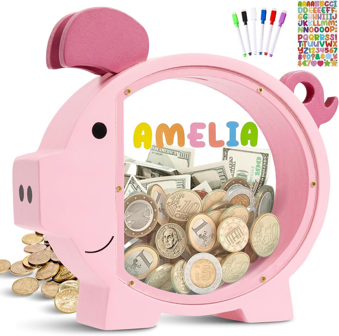 Pamctry Piggy Bank for Kids, Pink Piggy Bank for Girls,Christmas for Kids,DIY Custom Name Coin Bank with Letter Stickers for Birthdays, Christmas