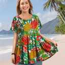 YESNO Women's Casual Short Sleeve Shirts Summer Floral Loose Tiered Swing Tunics Tops Blouses BEL (Green, XXL)
