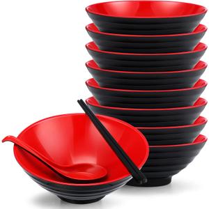 Eaasty 24 Pcs 8 Set Ramen Bowls Japanese Style Noodles Asian Chinese Large Soup Bowls with Spoons and Chopsticks for Ramen Pho Udon Soba Asian Dishes