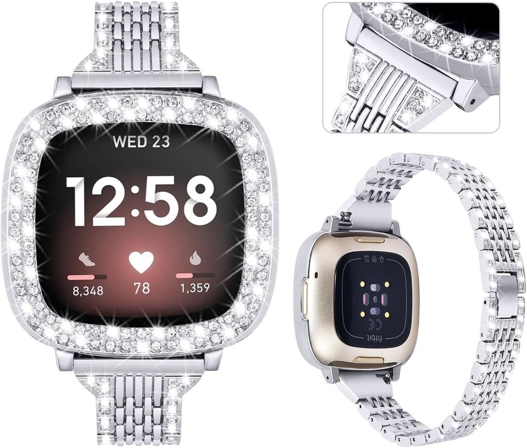 MOFREE Bling Band Compatible with Fitbit Versa 3 Bands/Fitbit Sense Bands Women with Hard Bling Bumper Protective Case,Dressy Jewelry Diamond Rhinestone Metal Wristband for Fitbit Versa (Silver)