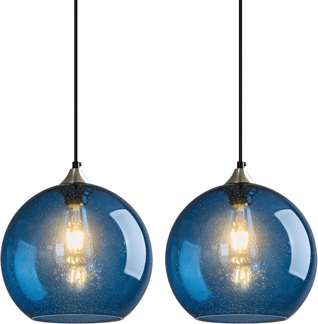 Blue Glass Pendant Lights Kitchen Island Lighting Globe Pendant Light Fixtures Modern Pendant Lighting for Kitchen Island Bedroom Living Dining Room Light Fixture(9.84in, 2-Pack)