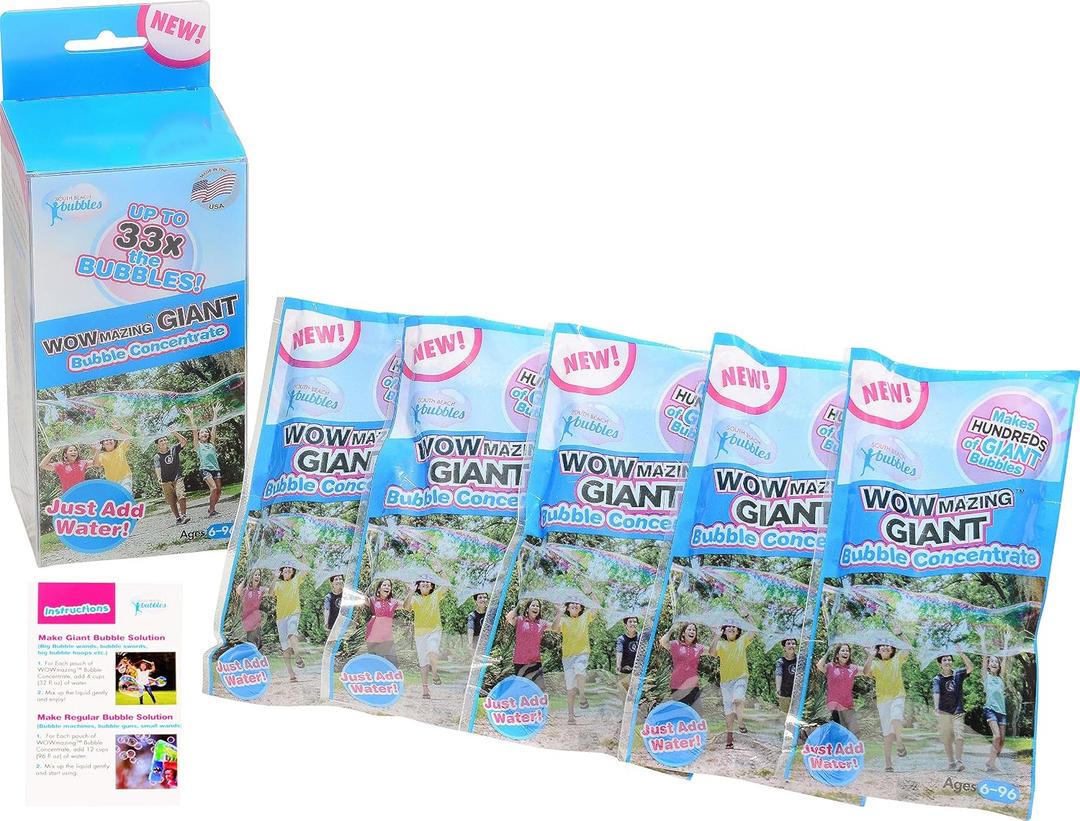 WOWMAZING Big Bubbles Refill - Concentrated Giant Bubble Solution Makes 4 Gallons | 5 Pouches for Kids’ Fun | USA Made
