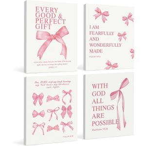 LARTSFRO Coquette Pink Bow Canvas Wall Art Decor Prints Posters, Pink Bow Room Bedroom Bathroom Dorm Wall Art Decor Aesthetic for College Teen Girls Gifts, Inspirational Bible Verses Bow Wall Decor, 11x14 Inch Set of 4 Pcs Bow Pictures (Canvas Framed 11x14)