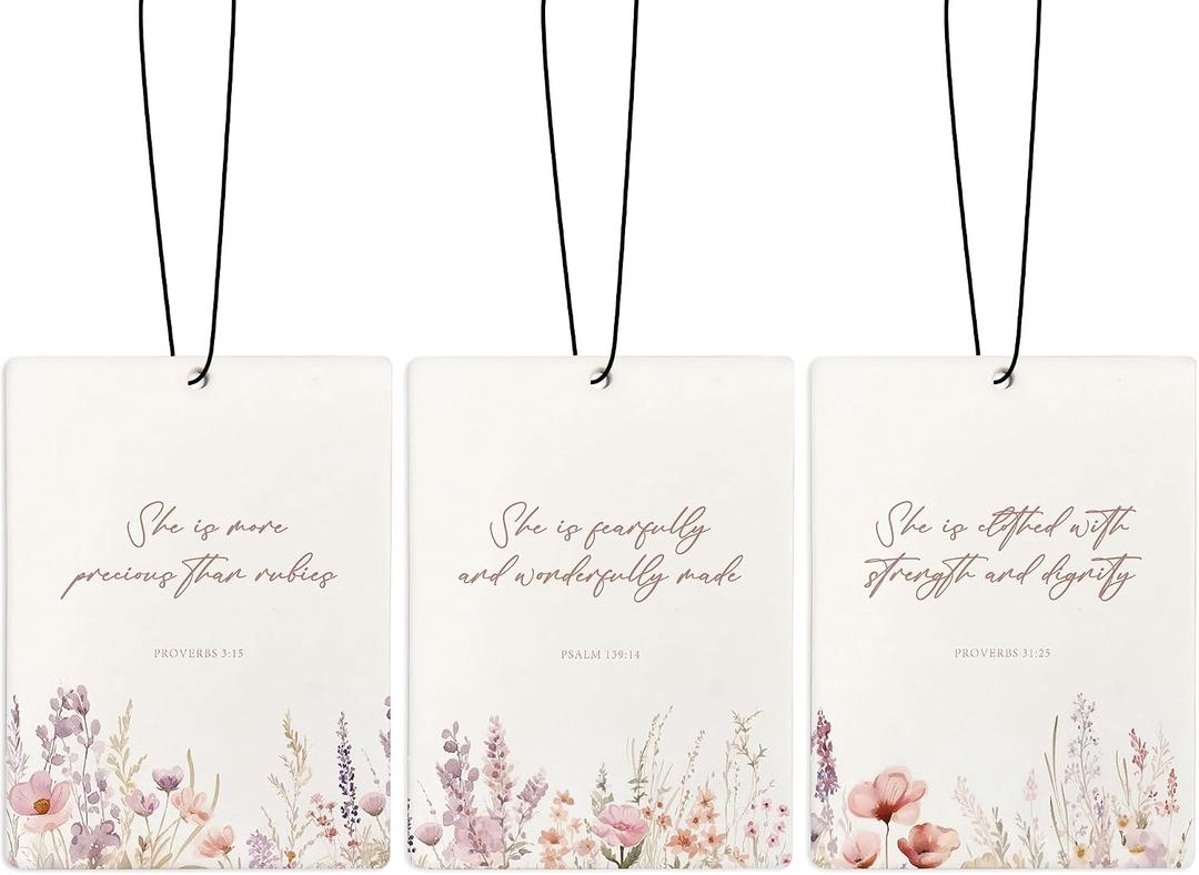 Pink Floral Christian Car Air Freshener, Bible Verses Air Freshener Hanging 3 Pcs for Cars Closet Drawer or Books, Religious Christian God Car Accessories Mirror Decor for Women