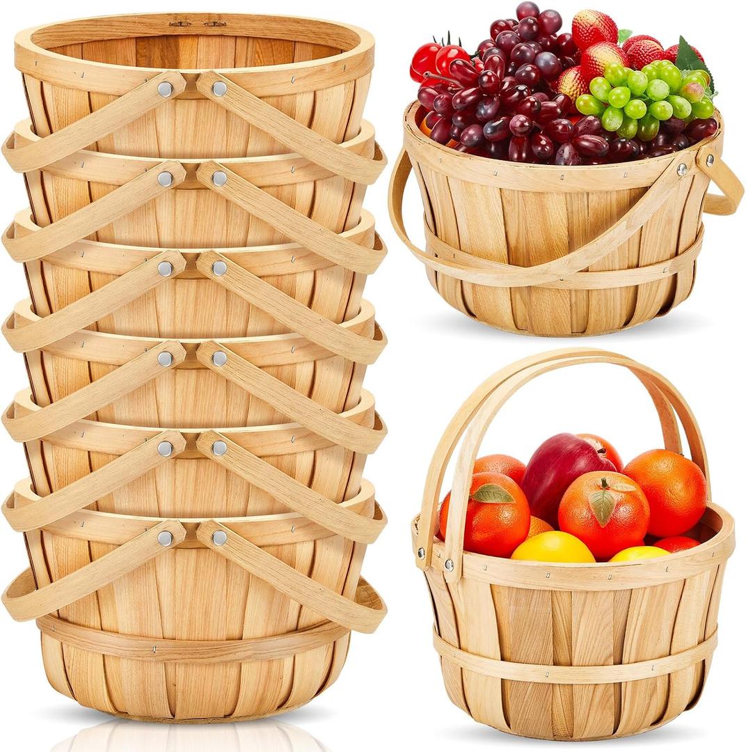 Marsui 6 Pcs Large Wooden Apple Basket 11 x 6.5'' Round Wicker Bushel Baskets with Handle, Farmers Market Basket for Produce, Harvest, Garden Storage, Farmers, Commercial Use, Picnic, Gifting