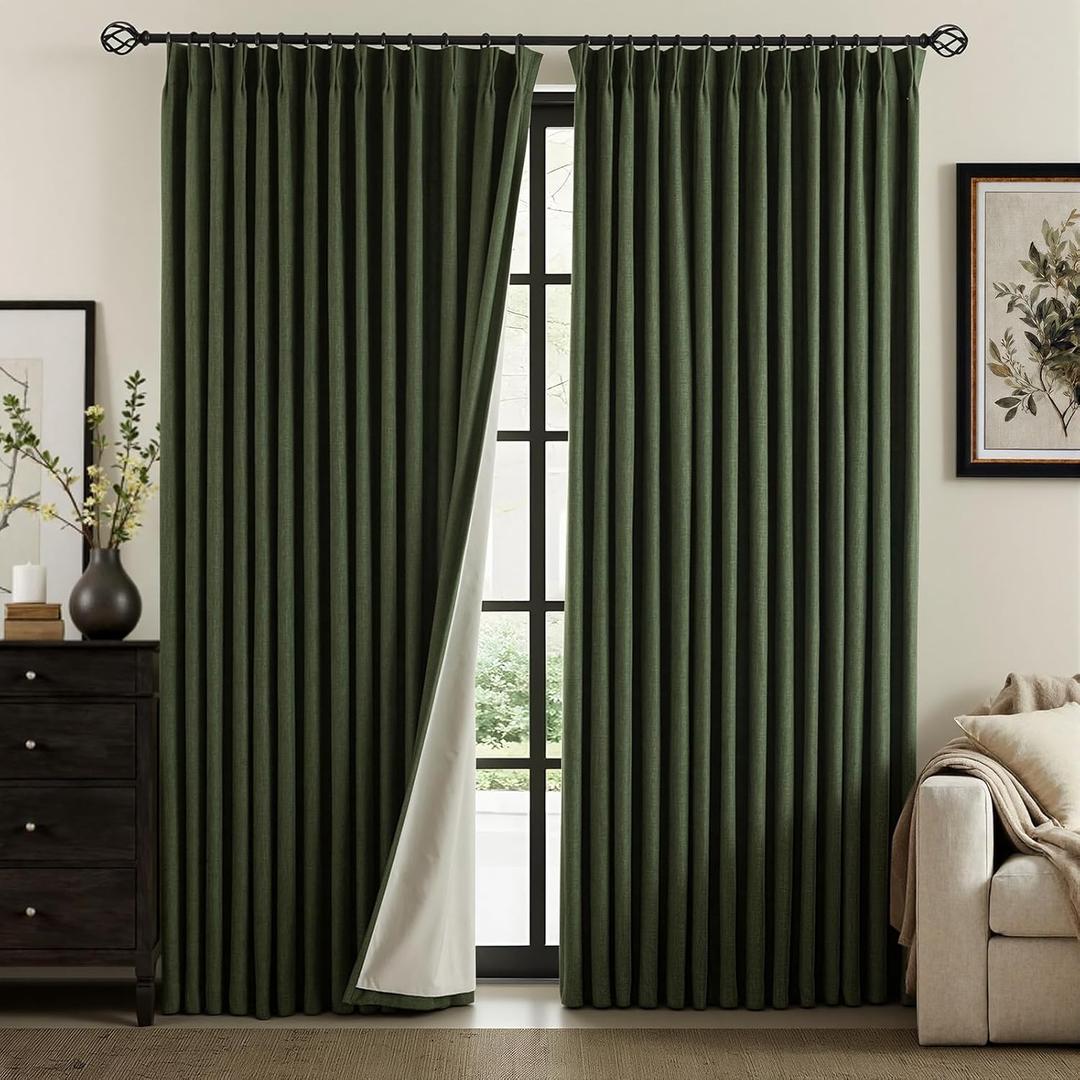 IVAPUPU Linen Pinch Pleated Blackout Curtains for Bedroom - Full Black Out Green Curtains 90 Inch 2 Panels Set for Living Room Darkening Thermal Window Curtain Drapes for Christmas Decor
