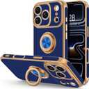 Hython for iPhone 17 Pro Max Case with Ring Stand, 360 Rotatable Ring Holder Magnetic Kickstand, Plating Rose Gold Edge Soft Cover Protective Phone Case for iPhone 17 Pro Max 6.9", Blue