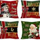 Christmas Snowman Pillow Covers Xmas Santa Claus 18 x 18 Inch Throw Pillows, Happy Holidays Winter Seasonal Snowflakes Decorative Farmhouse Cushion Case for Sofa Couch Set of 4