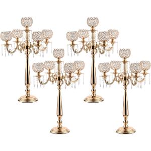 4 Packs 5 Arms Crystal Candelabra for Wedding Centerpiece, Gold Floor Candle Holder Set with Chandelier Crystal Beaded Anniversary Dinner Party Table Decor candelabros de mesa Elegantes Palace Themed