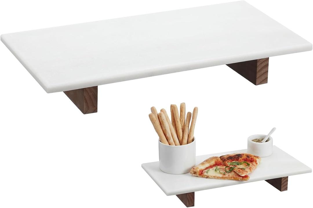 Marble Charcuterie Board Display White Cheese Cutting Footed Stand Tray with Wooden Feet 15.75"L x 8" W x 2.5" H for Vanity, Kitchen and Serving, or as a Gatherings Elegant Cheese Board Gift