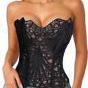 LEACOOLKEY Lacework Corset Top for Women Sexy Textured Sheer Floral Lace Bustier Going Out Lace-up Corset Overbust Top (Large, Black)