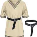 Kids Medieval Costume Boys Viking Tunic Knight Warrior Renaissance Shirts with Belt (10-12 Years, Beige)