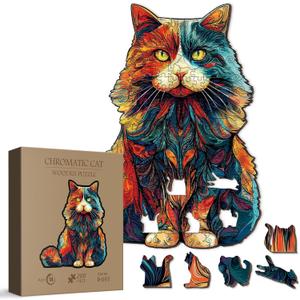 Colorful Cat Wooden Puzzle for Adults 200 Pieces, Fantasy Animal Wood Puzzle for Adults, Unique Shape Cute Puzzle 200 Pieces, 10.83 x 11.81 inches