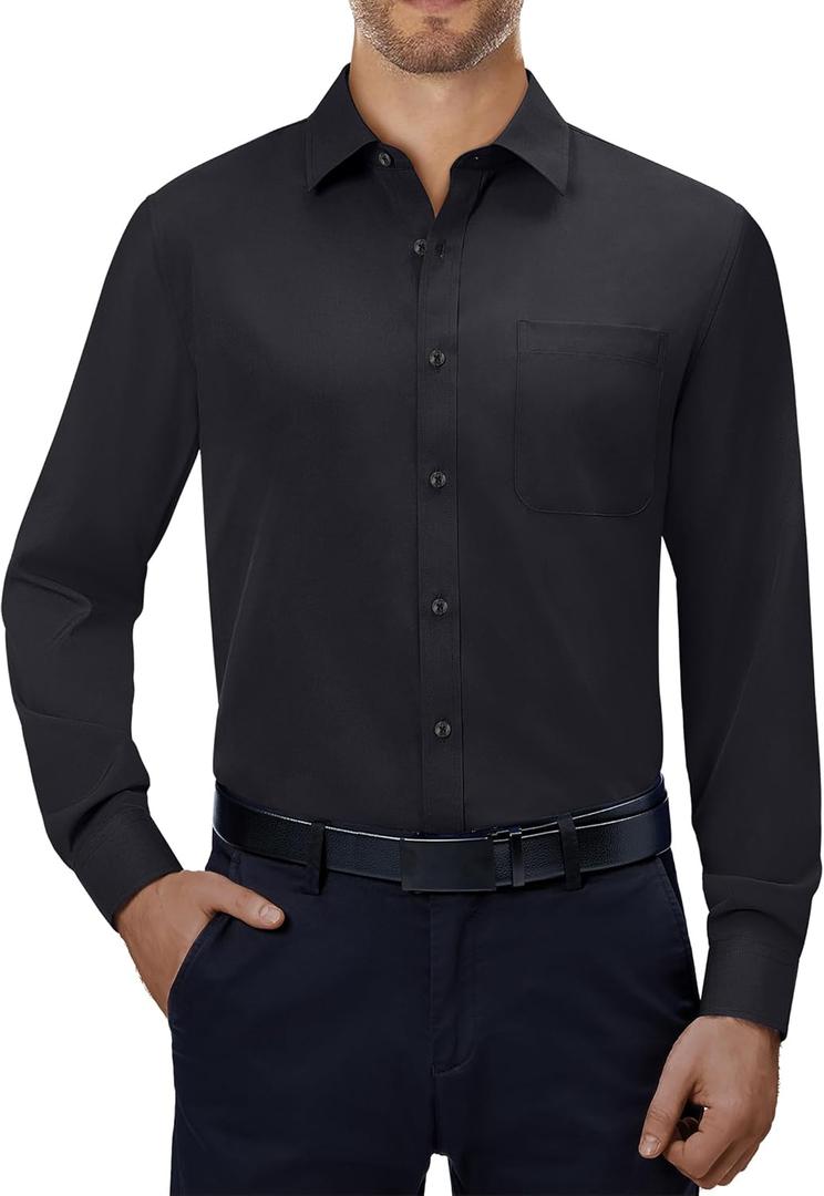 Alimens & Gentle Mens Dress Shirts 4-Way Stretch Long Sleeve Collared Casual Solid Wedding Dating Button Down Shirt (Large, Black)
