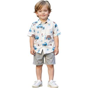Hawaiian Shirts for Toddler Boy 2 Pieces, Summer Short Button Down Shirt and Short Cute Cartoon Prints Outfit for kid 7Y