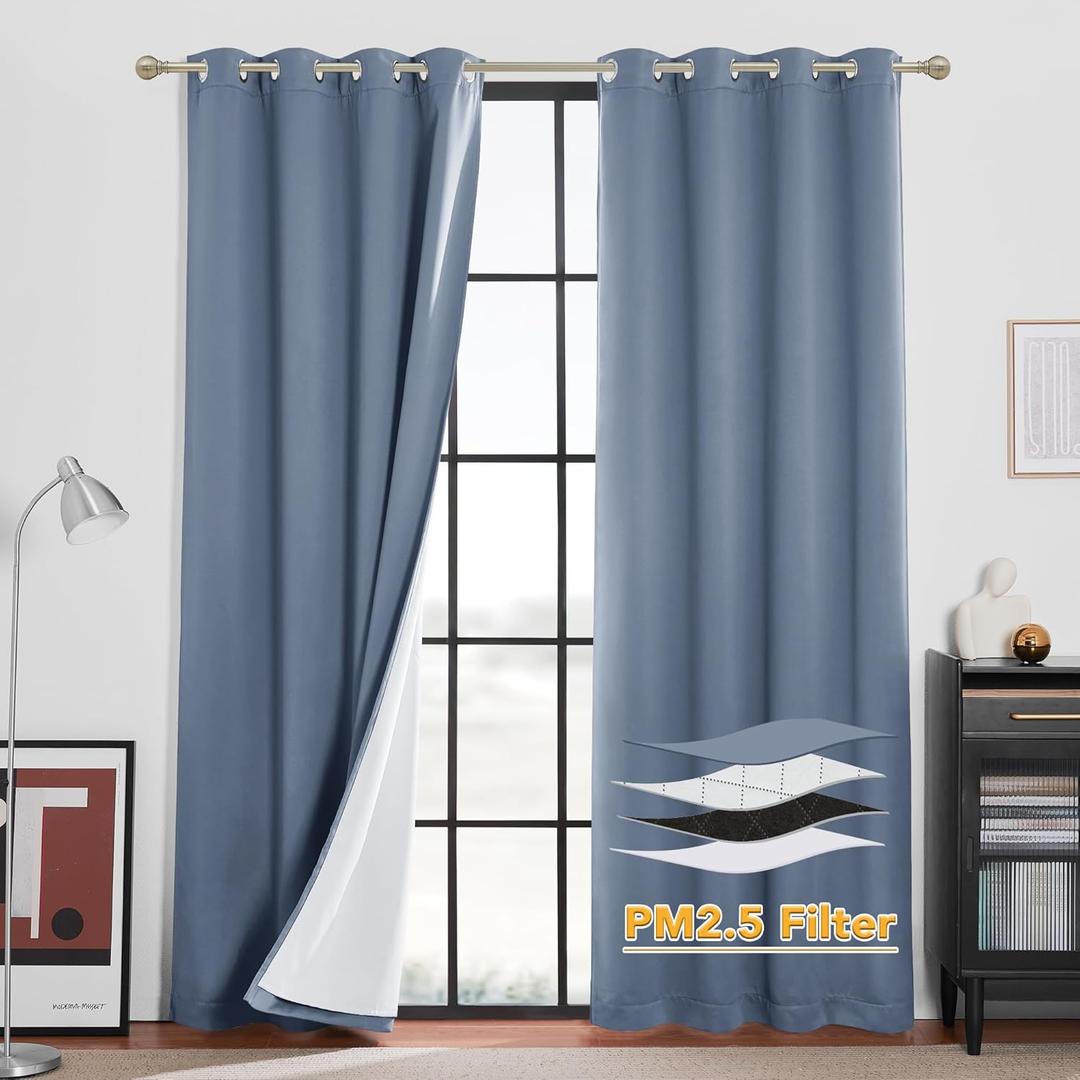 RYB HOME 4-in-1 Dust Filtering Soundproof Blackout Insulating Privacy Window Curtains for Nursery Bedroom Living Room Rivider Sound Absorption Sheet, Stone Blue, W52 x L95 inch, 2 Panels