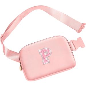 Personalized Belt Bag for Girls Teen Girl,Fashion Waist Packs with Adjustable Strap, Fanny Pack Crossbody Bag w/Initial Letter Patch, Teen Birthday Gifts for Sister Teenager Tween Preteen (Peach, P)