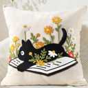 Embroidered Throw Pillow Cover 18x18 Inch - Summer Decorative Animal Pillow Covers with Zipper for Couch Sofa Bedroom Farmhouse Living Room Cushion Pillowcase, Cat Floral