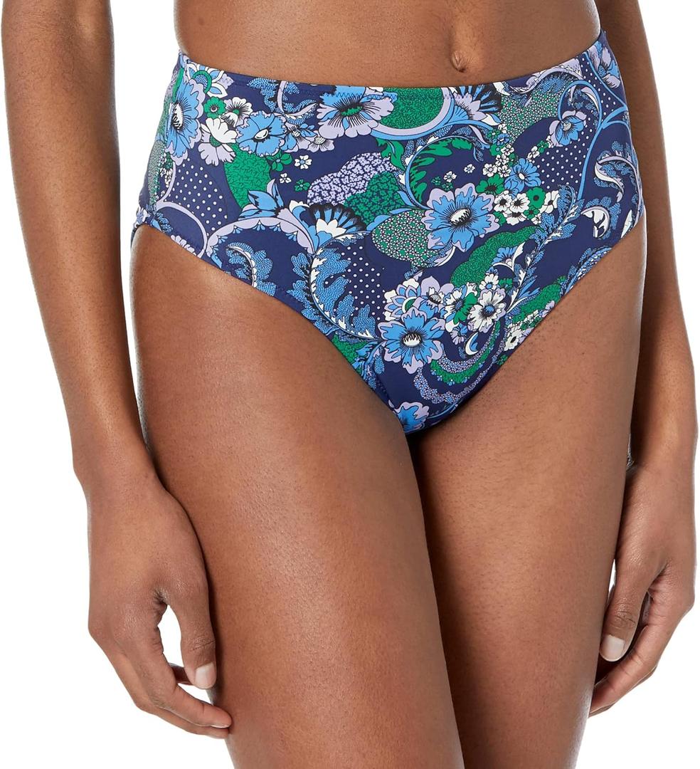 Amazon Essentials Women's High Waist High Leg Bikini Bottom, Deep Blue Paisley, Small