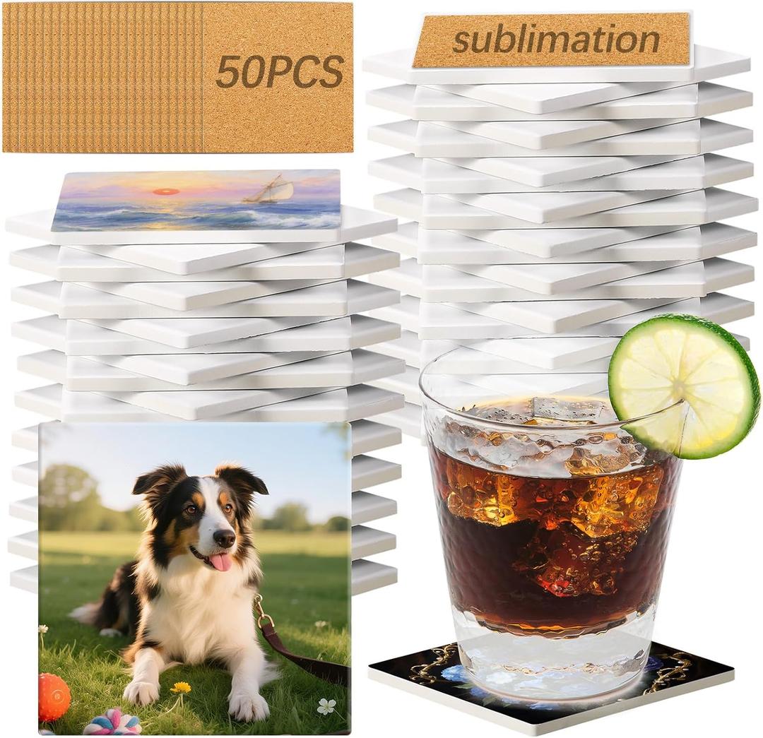 50 Pack Square Sublimation Blank Ceramic Coasters with Cork Backing, 4X4inch Matte Finish Blank Ceramic Tiles Crafts Coasters Pads for Sublimation Transfer Heat Press Printing DIY Crafts
