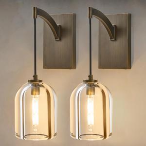 Crystal Brass Hemisphere Wall Sconce - Luxury Antique Brushed Lighting Fixture with K9 Crystals Cloche - Set of 2 Dimmable Indoor Hanging Light - Modern Gold Sconces for Bathroom Living Room Stair
