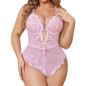 Avidlove Women Plus Size Lingerie Lace Teddy Deep V Lingerie Bodysuit One Piece Babydoll (X-Large, Pink)