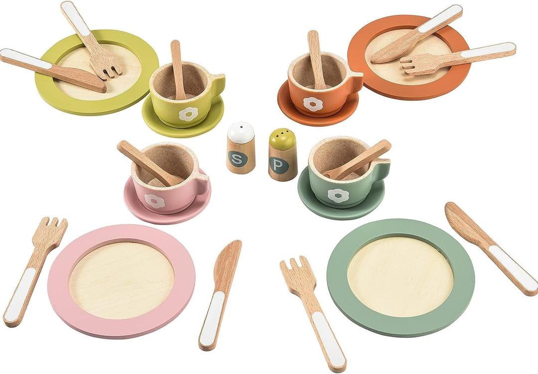 Giant bean 27PCS Wooden Toy Plates and Dishes for Kitchen Set, Wooden Play Kitchen Accessories for Girls and Boys, Montessori Toys, Christmas Birthday Gift for Kids