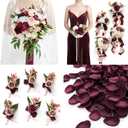 Ling's moment Wedding Artificial Flowers Package, Bridal Bouquet, Bridesmaid Bouquets, Boutonniere for Men, Rose Petals.Burgundy Blush