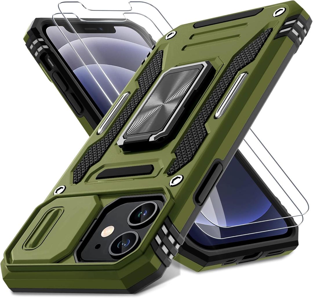 DEERLAMN Case for iPhone 12/12 Pro with Slide Camera Cover+Screen Protector(2 Packs),Rotated Ring Kickstand Military Grade Shockproof Protective Cover-Olive Green