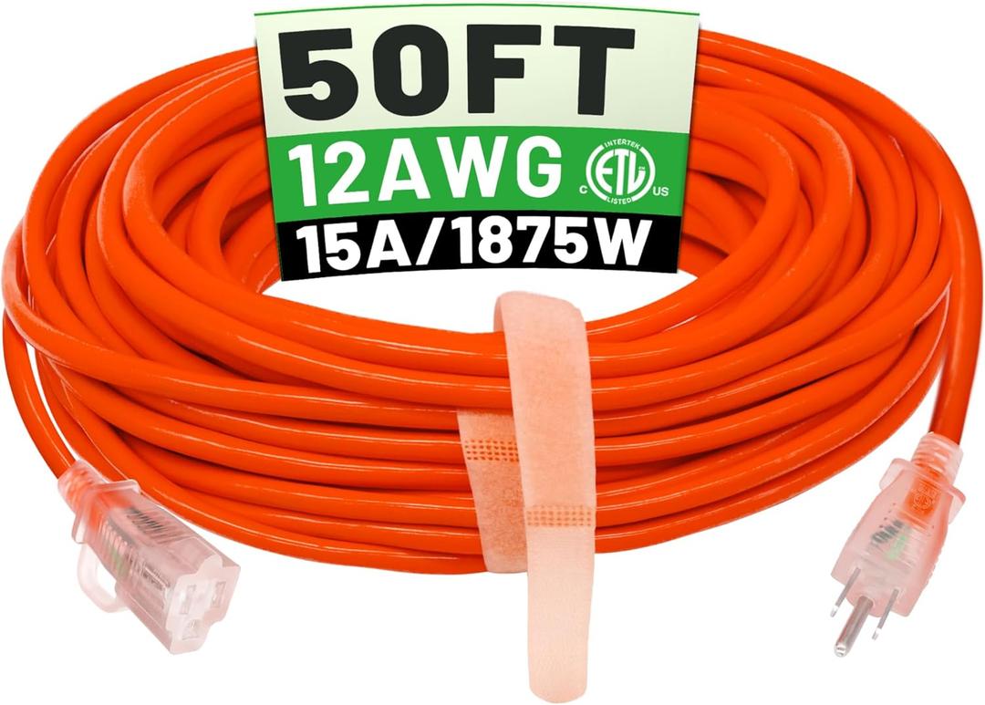 50 ft 12/3 Outdoor Extension Cord Waterproof Heavy Duty with Lighted Indicator End 12 Gauge 3 Prong, Flexible Cold-Resistant Long Power Cord Outside, 15Amp 1875W SJTW Orange ETL Listed