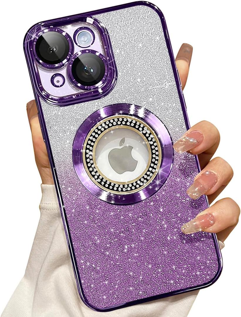Misscase for iPhone 15 Magnetic Glitter Case Compatible with MagSafe,Full Protection Slim Shockproof Anti-Scratch Case with Camera Lens Protector Logo View Dust-Proof Net for Women Purple