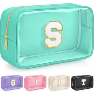 Initial Clear Makeup Bag, Birthday Gift Preppy Chenille Patch Cosmetic Bag, Initial Travel Essentials Beach Toiletry Pouch, Ideal Gift for Teachers & Moms, Women and Girls (Green, S)