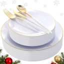 DaYammi 30 Guests Gold Plastic Plates with Disposable Silverware,Gold Cutlery with White Handle,White Disposable Dinnerware:60 Dinner/Dessert Plates,90 Plastic Silverware Set for Christmas Party