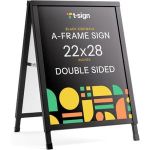 T-SIGN Outdoor A-Frame Sidewalk Sign 22x28 Inch Sandwich Board, Black Coated Steel Metal Double-Sided, Heavy Duty Slide-in Folding Frame Sign Holder, 2 Corrugated Plastic Poster Boards, Display Stand