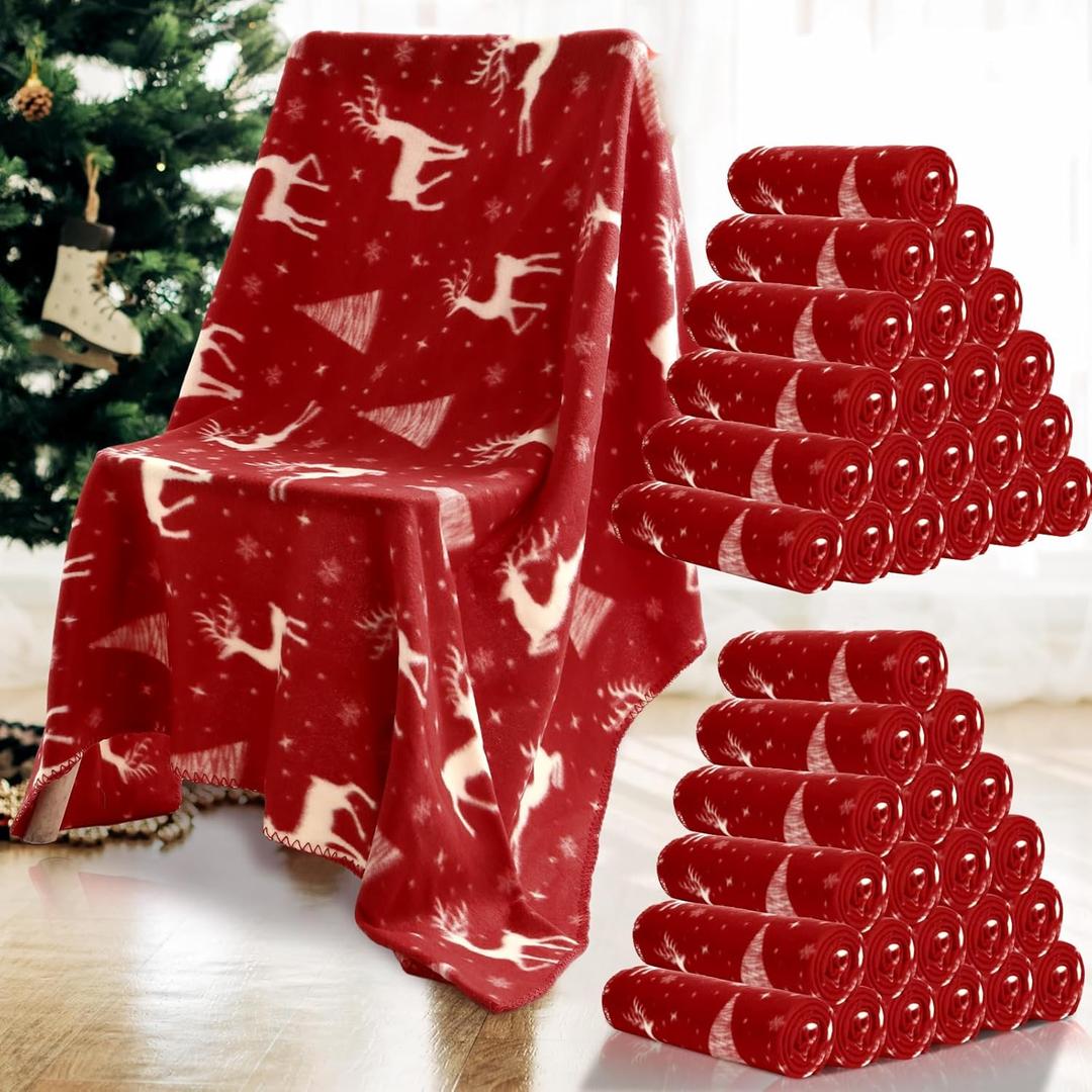Preboun 48 Pack Bulk Christmas Soft Fleece Blankets 50 x 60 Inch Bulk Lightweight Warm Fleece Throw Blankets for Pet Bed Sofa Couch Office Wedding Gifts Travel (Deer)