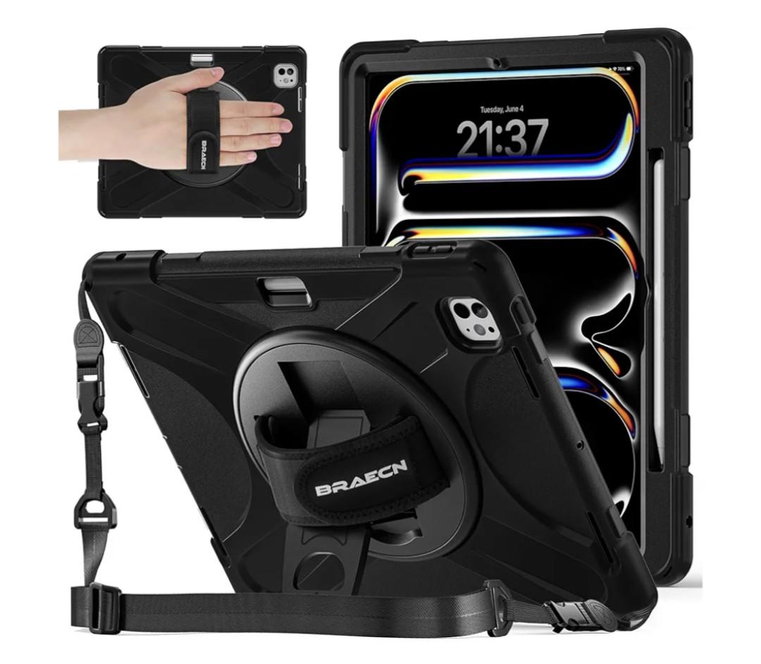 BRAECNstock for Apple iPad Pro 13 inch Case M5 2025 / M4 2024, Shockproof Protective with Pencil Holder, [360 Rotating Hand Strap & Stand], Shoulder Strap, Case for iPad Pro 13, Black