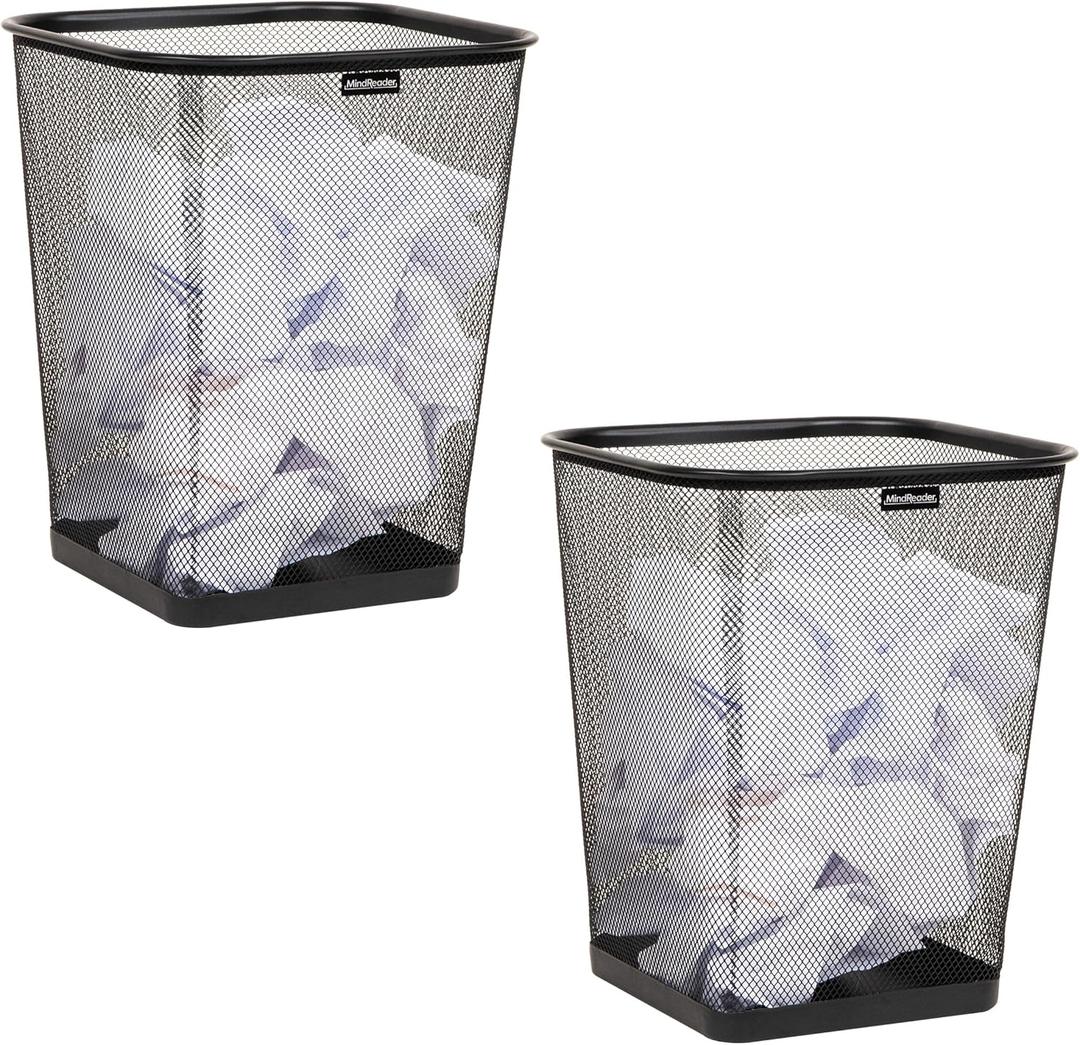 Mind Reader Mesh Trash Can, Waste Paper Basket, Square, Office, Metal Mesh, Set of 2, Black