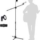 Microphone Floor Stand, Mic Stand Floor with Phone Holder Height Adjustable, Tripod Stable Stand with Boom Arm Dual Device Mount for Streaming, Podcasting, Recording, and Live Performances