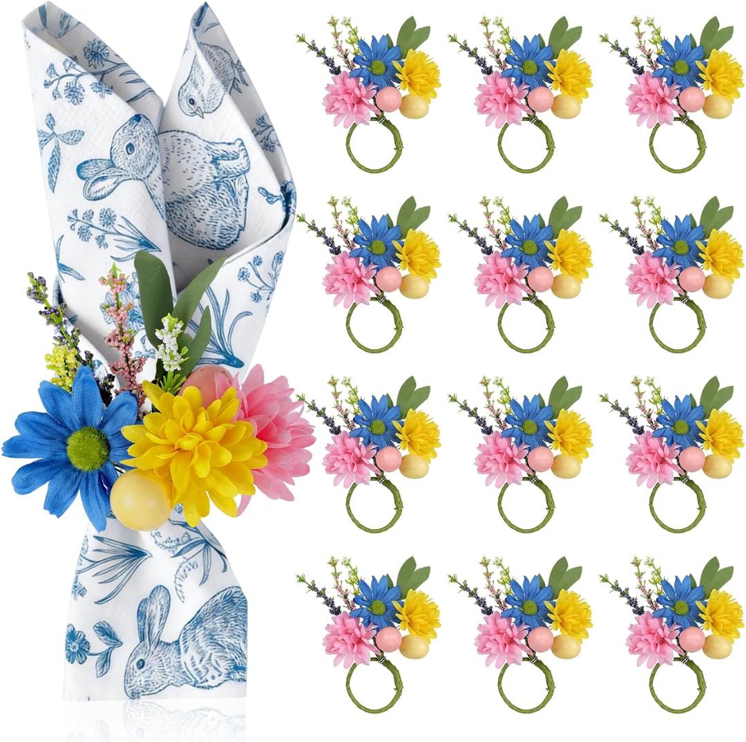 12 PCS Easter Floral Napkin Rings Eggs and Wildflowers Napkin Holders Spring Table Decor for Easter Brunch, Wedding, Party, Dinner Table Settings