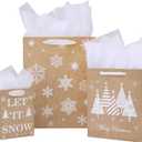 SUNCOLOR Christmas Gift Bags Assorted Sizes with Tissue Paper, 9 Pack Kraft Paper Bags in 3 Sizes, Brown and White Snowflake Design, Let It Snow Theme Holiday Gift Bags