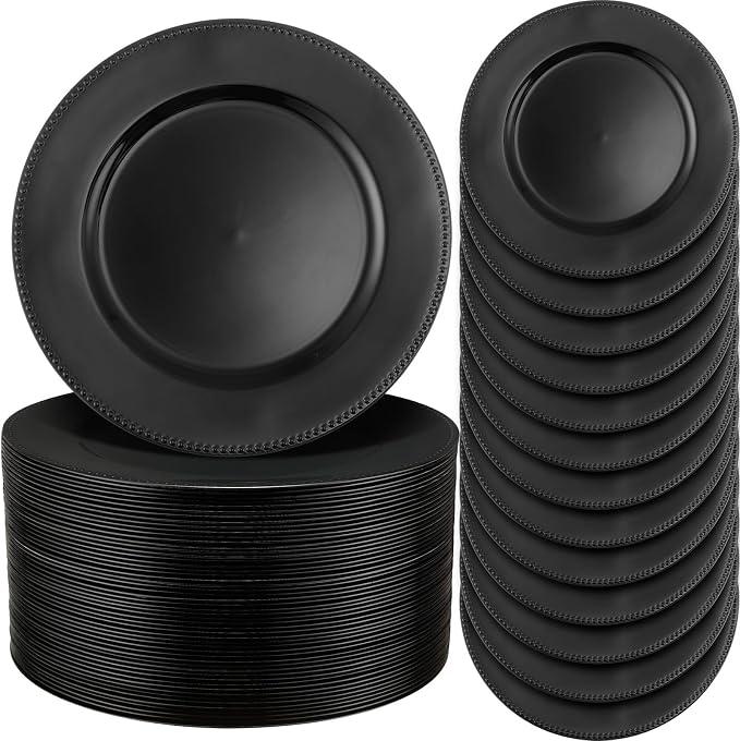 Jinei 100pcs Plastic Charger Plates, 13'' Reusable Dinner Plates with Beaded Edges, Elegant Vintage Style for Weddings, Parties, and Festivals(Black)