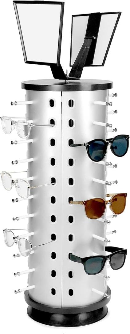 QWORK Glasses Holder Organizer, Rotating Sunglasses Display Stand, 44 Pairs Sunglasses Holder Eyeglass Display Turning Stand with Mirror, Store Countertop Eyeglasses Rack