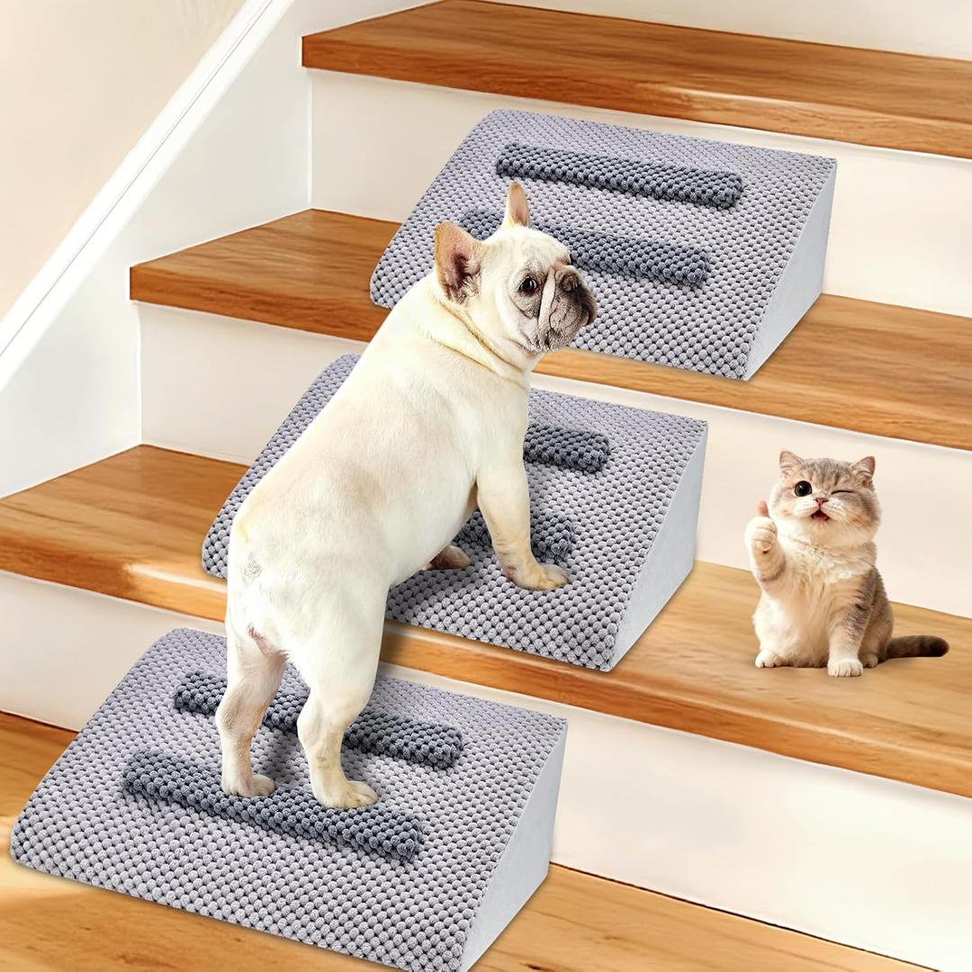 Dog Ramp for Stairs with Anti-Slip Bump for Small & Senior Dogs and Cats  Stair Wedges for Dogs with Gentle Slope, Pet Ramp with Washable Cover & Self-Sticky Pads for Safe Climbing (Gray, 3 Pack)